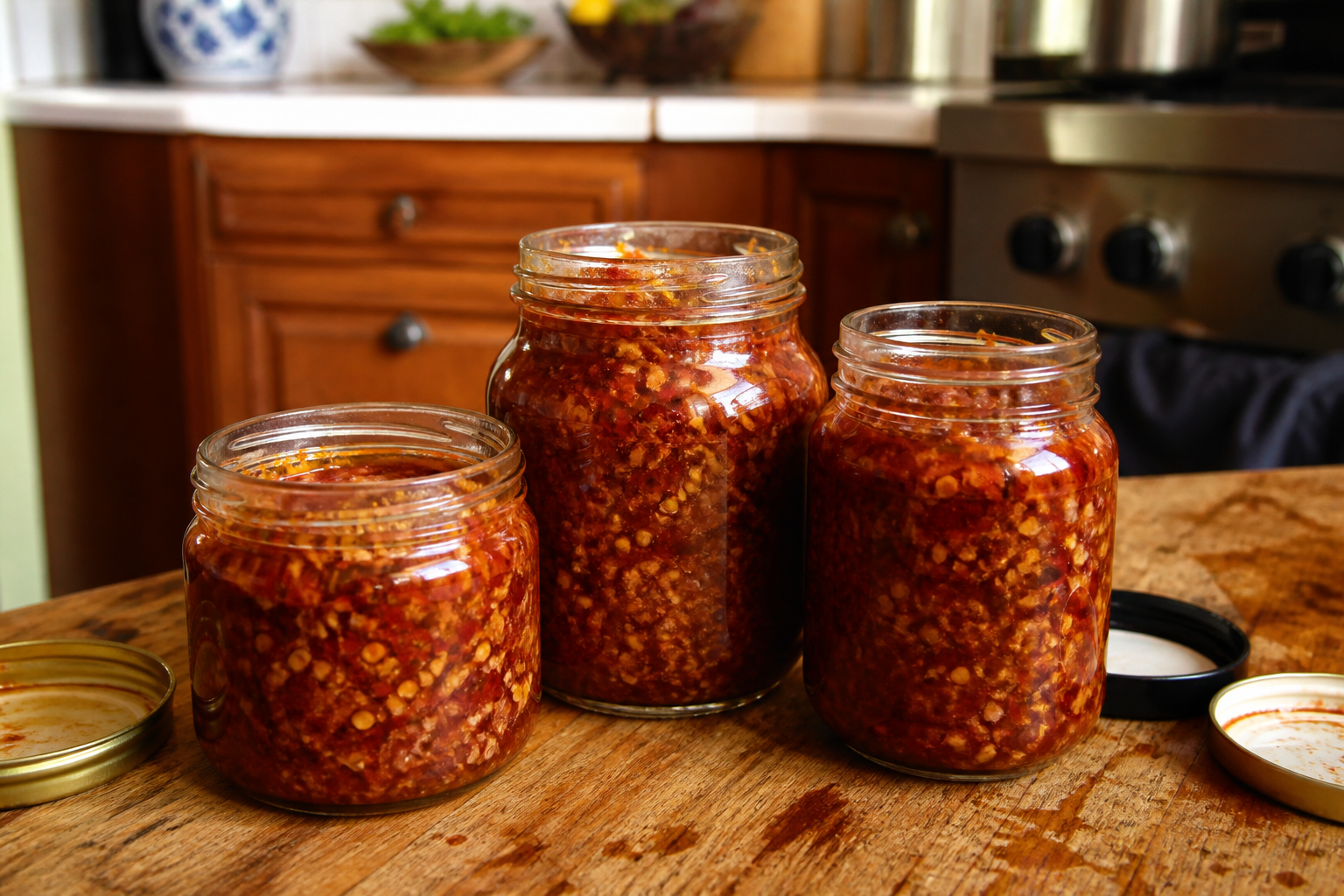 Three jars of homemade sambal on a kitchen table