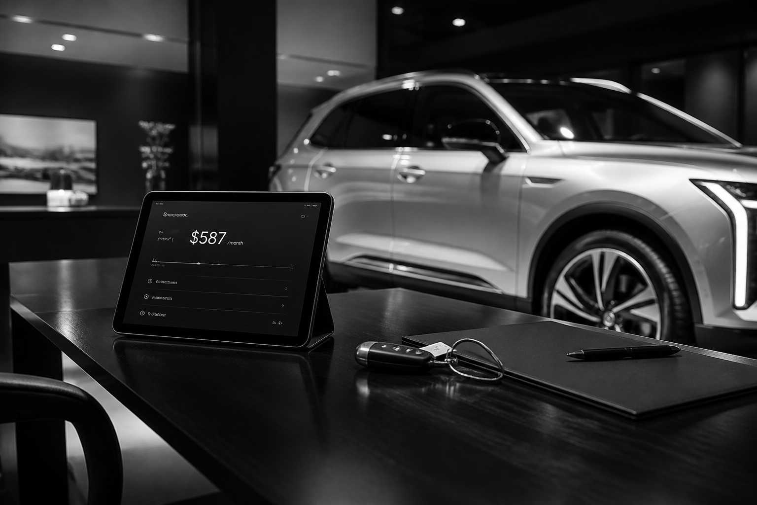 Hire purchase approval beside a silver SUV